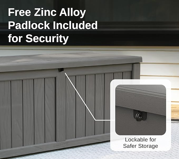 EAST OAK Outdoor Storage Box, 120 Gallon Deck Box with Stainless Steel Rods Large Resin Storage Bin for Patio Cushions, Garden Tools, Waterproof and UV Resistant, Lockable, Grey-VerdiqueGarden
