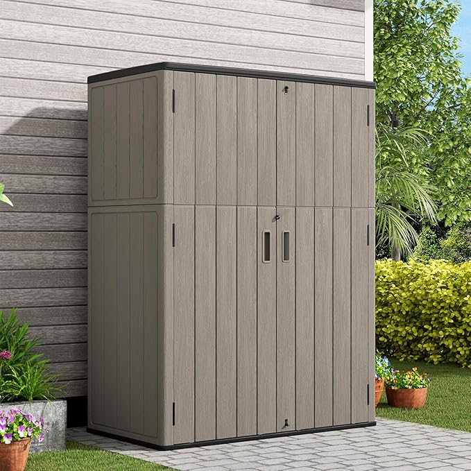 KINYING Outdoor Vertical Storage Shed,57 Cu.ft Outdoor Storage Cabinet Waterproof,Resin Sheds & Outdoor Storage Clearance for Garden,Patio,Backyard,Lockable (Brown)-VerdiqueGarden