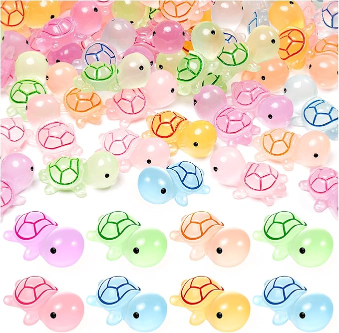 102PCS Luminous Mini Resin Turtles Sea Turtles Figurines Glow in The Dark, Cute Tiny Turtles Bulk for Cake Toppers Ocean Animal Theme Decor Garden Micro Landscape DIY Hidden Game (6 Colors)-VerdiqueGarden