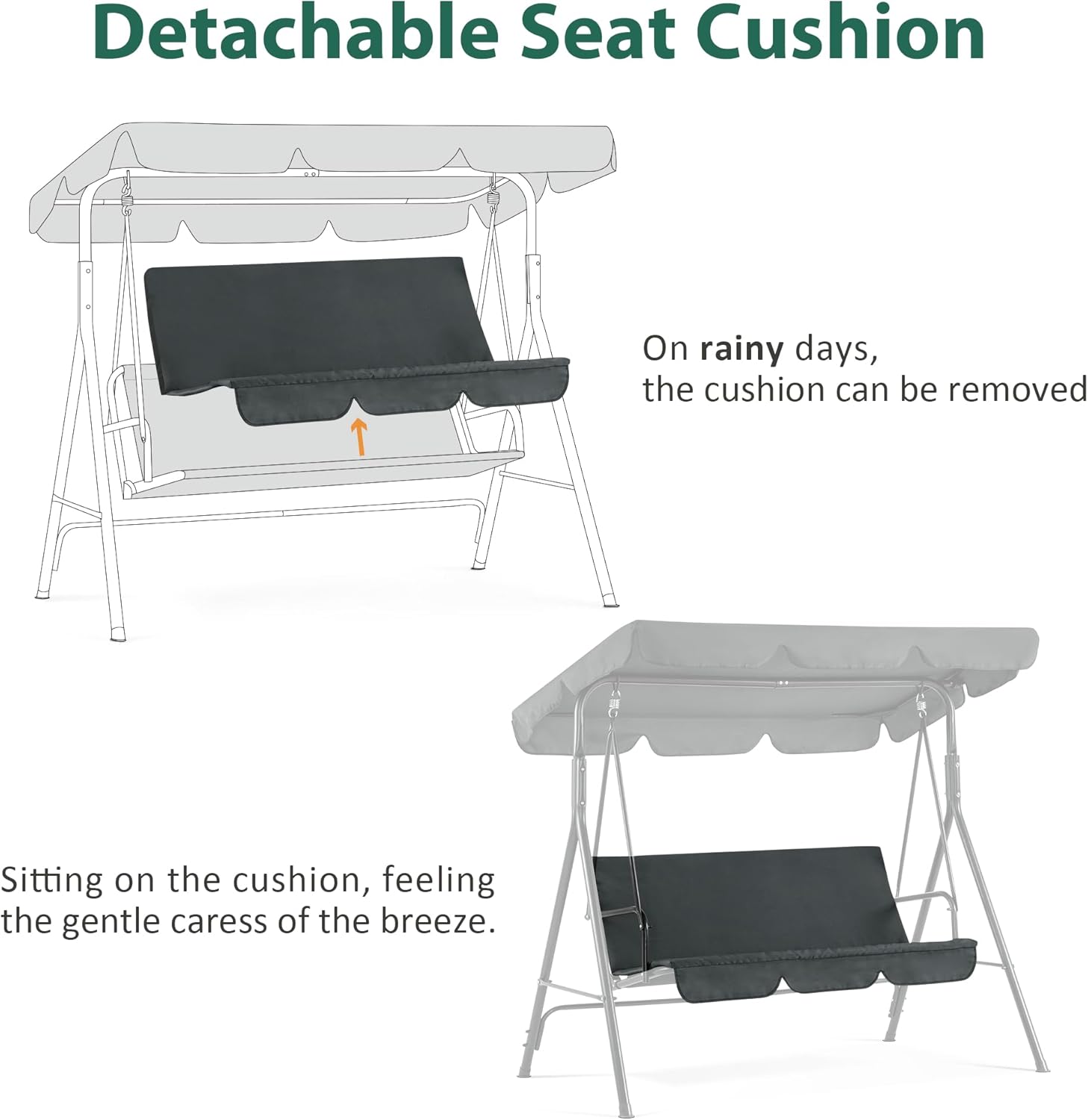 MCombo 2-3 Person Outdoor Patio Swing Chair, Convertible Canopy Hanging Swing Glider Lounge Chair, Removable Cushions, 4003 (Dark Gray)-VerdiqueGarden