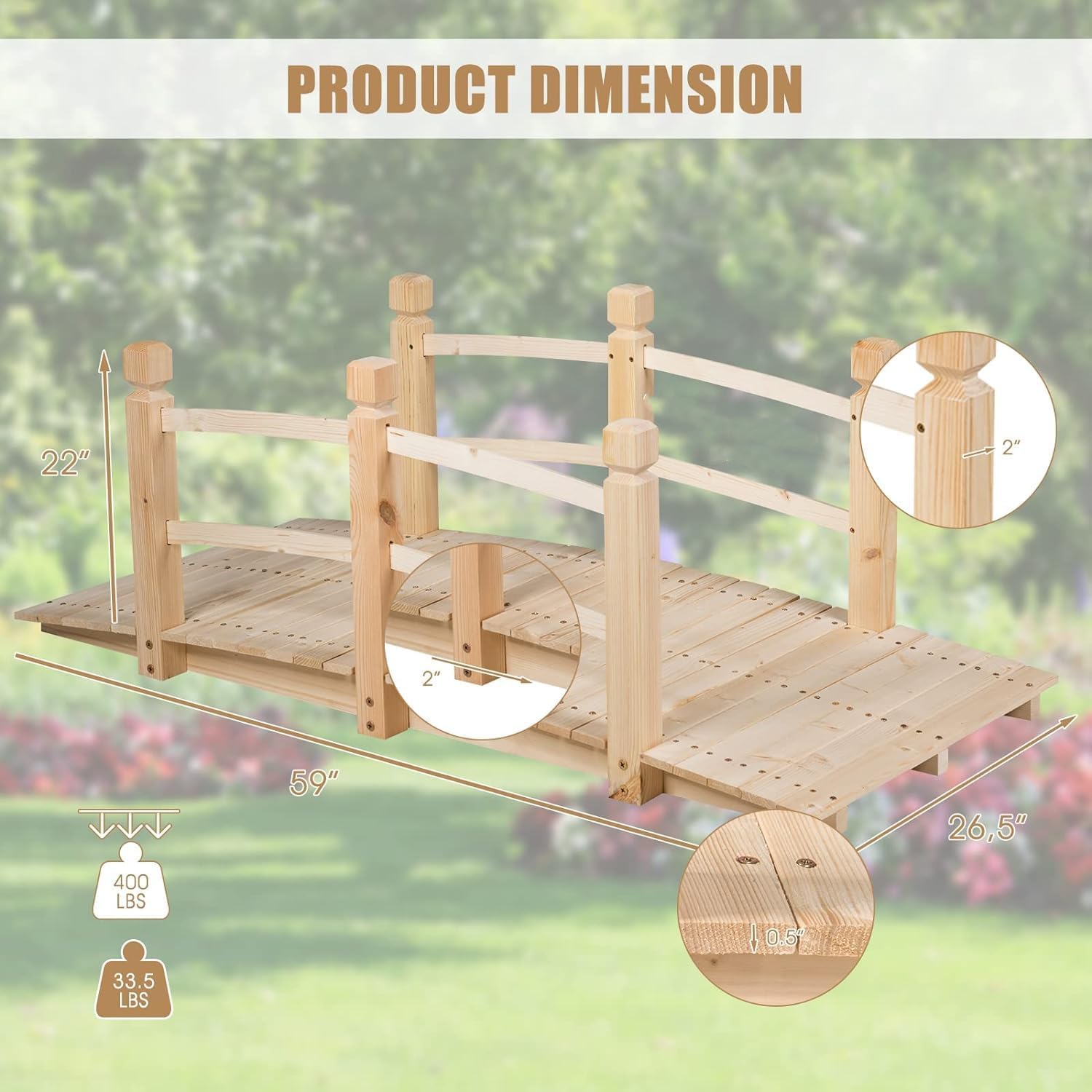 Giantex 5 FT Wooden Garden Bridge, Classic Wood Arc Footbridge with Railings, 400 lbs Capacity, Decorative Pond Bridge for Outdoor Garden Yard Backyard Creek Farm (Natural)-VerdiqueGarden
