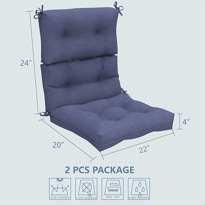 LVTXIII Patio Tufted High Back Seat Cushion Set of 2 Outdoor Rocking Chair Cushions, Replacement Adirondack Chair Cushion with Ties for Garden Balcony Chairs Use, 44” L x 22” W, Navy Textured-VerdiqueGarden