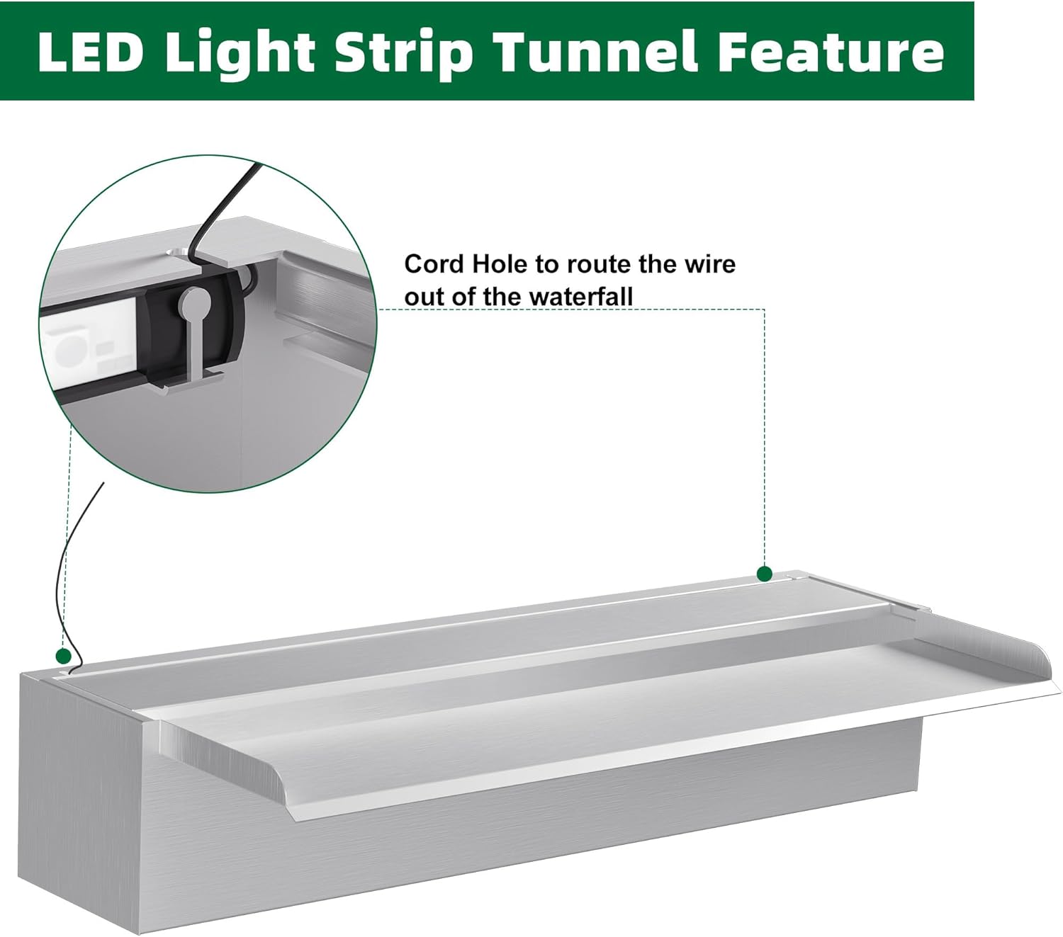 Waterfall Pool Fountain LONGRUNNEW 304 Stainless Steel 23.6" Rectangular Waterfall Spillway, Water Fall Fountain with Pipe Connector for Garden Outdoor, Swimming Pools, Fountains, Pond and Spa-VerdiqueGarden