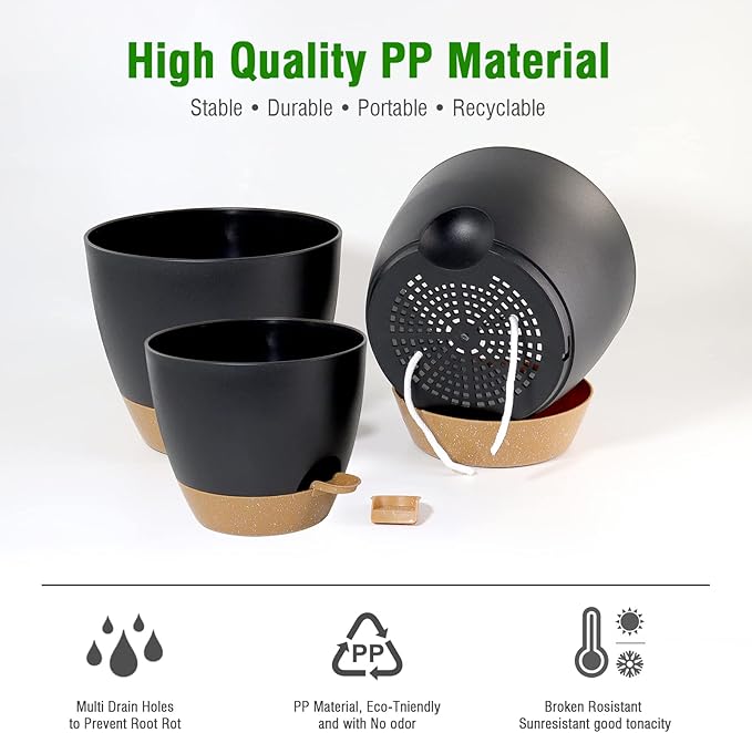 10/9/8 inch Self Watering Pots, Set of 3 Plastic Planters with Mesh Drainage Holes and Deep Reservoir for Indoor Outdoor Garden Plants and Flowers, Black with Brown-VerdiqueGarden