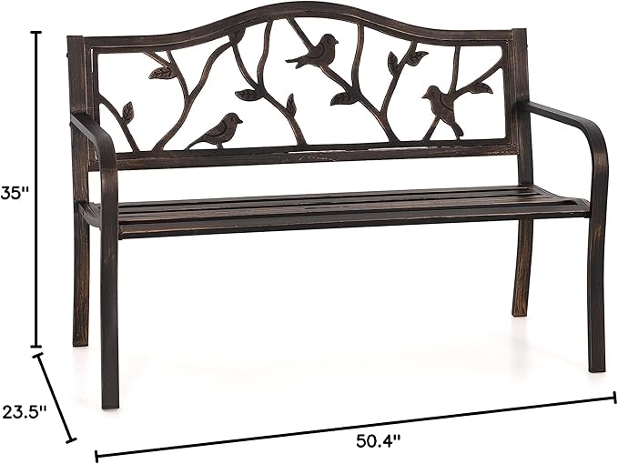 PHI VILLA Outdoor Garden Park Bench Patio 50" Metal Bench, Steel Frame Bench with Backrest and Armrests for Porch, Lawn, Balcony, Backyard and Indoor, Bronze-VerdiqueGarden