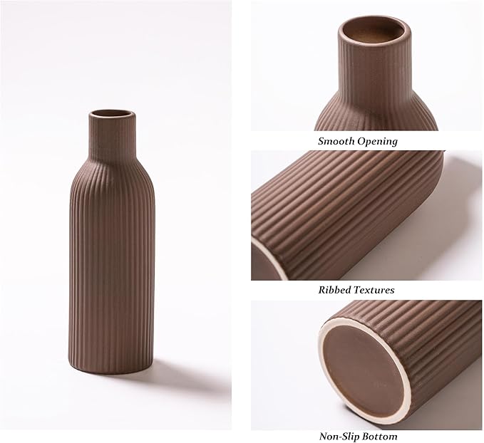 Ceramic Vase Set of 3, Flower Vases for Spring Room Decor, Kitchen Farmhouse, Modern Boho Style(Brown/Dark Brown/Orange)-VerdiqueGarden