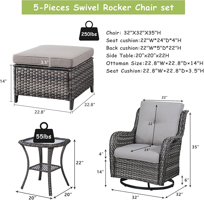 Outdoor Wicker Patio Furniture Set - 5 Pieces Rattan Patio Conversation Set with 2 Rocking Swivel Chairs,2 Ottomans and 1 Side Table for Porch Deck Backyard Garden(Mixed Grey/Grey)-VerdiqueGarden