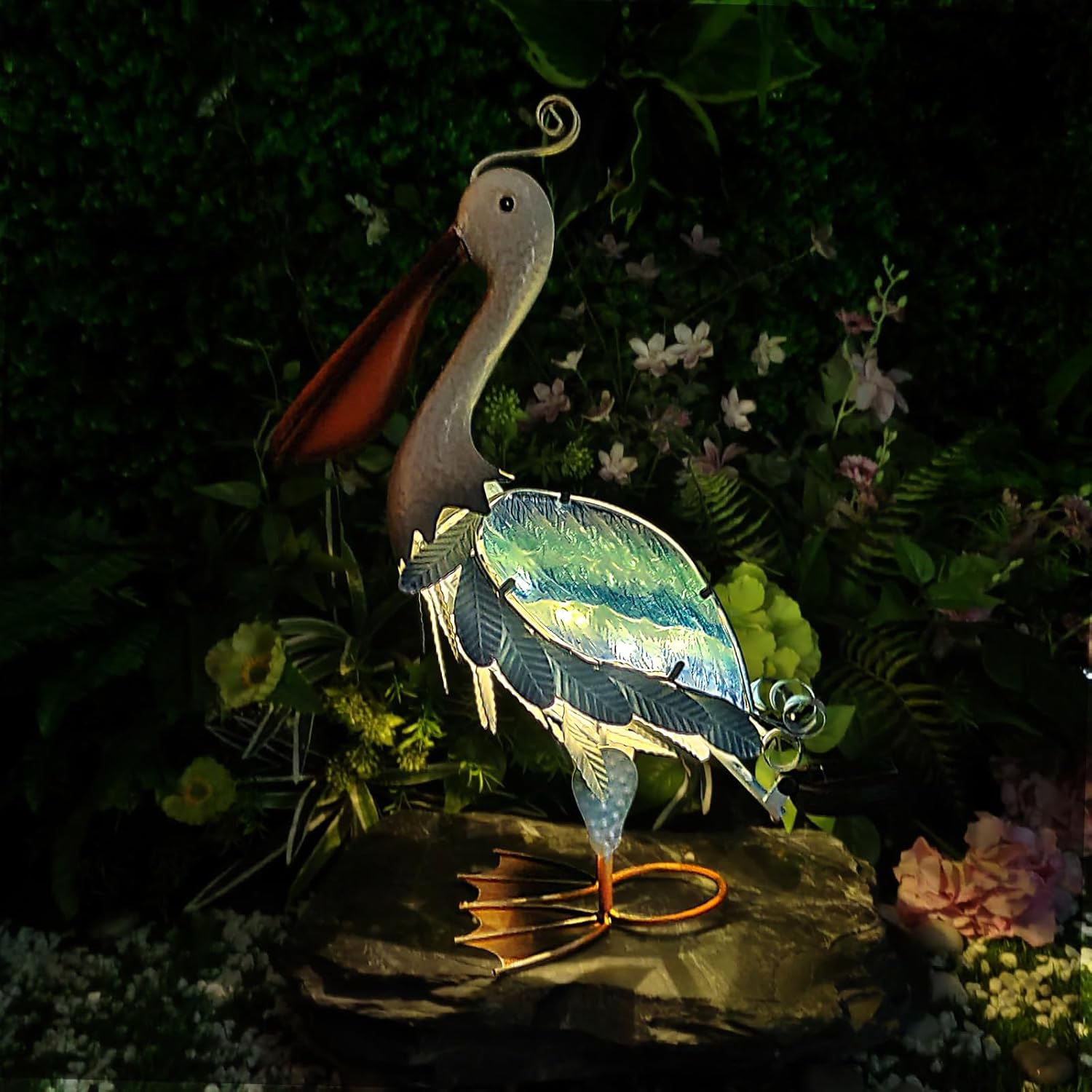 HONGLAND Solar Metal Pelican Statues Garden Sculpture & Statues, 19 Inch Glass Outdoor Pelican Yard Art Coastal Ocean Bird Decor Lawn Ornament for Backyard Porch Patio Decor（Blue）-VerdiqueGarden