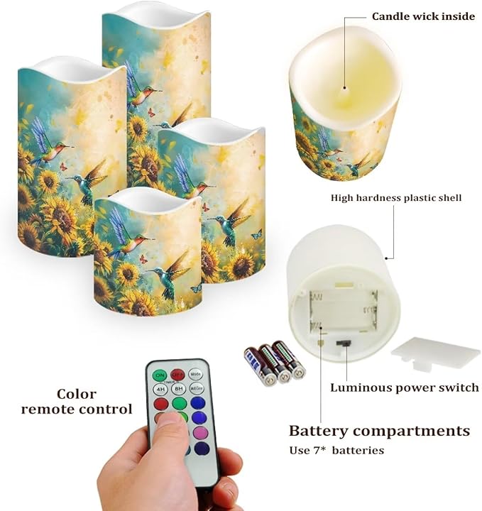 Ystardream Art Sunflower Hummingbird Flameless Candles for Outdoor Indoor Color Changing LED Candles with Remote Timer Battery Operated Candles for Valentines Wedding Home Decoration Gifts-VerdiqueGarden