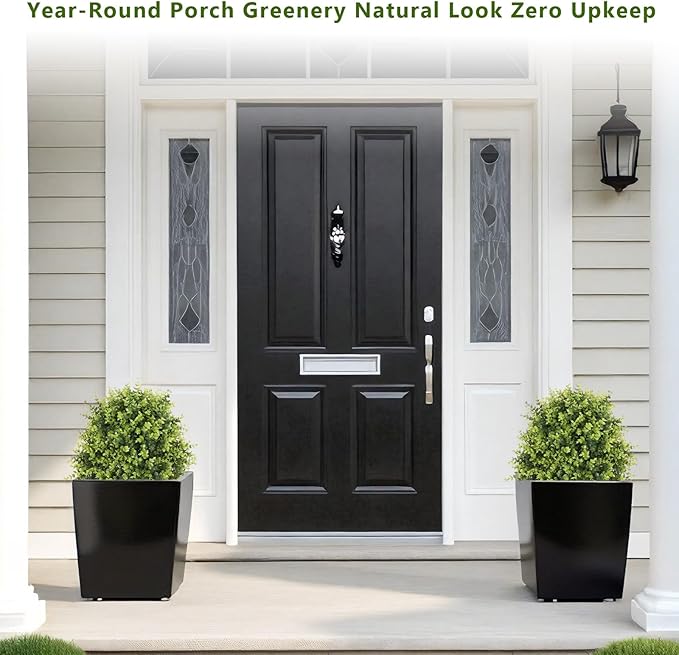 THE BLOOM TIMES 2ft Faux Boxwood Plants Outdoor Set of 2, Topiary Balls Artificial Outside Trees, 24" UV Resistant Fake Greenery Bushes & Shrubs for Front Porch Planter-VerdiqueGarden