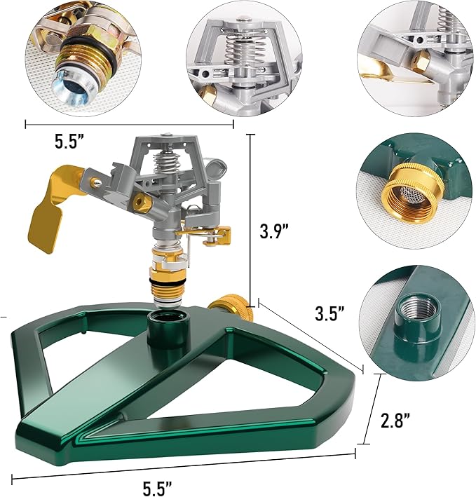 Hourleey Impact Sprinklers for Yard, Heavy Duty 360 Degree Rotating Pulsating Lawn Sprinkler with Metal Base for Garden Large Area, Water Coverage up to 5,800 Sq. Ft-VerdiqueGarden