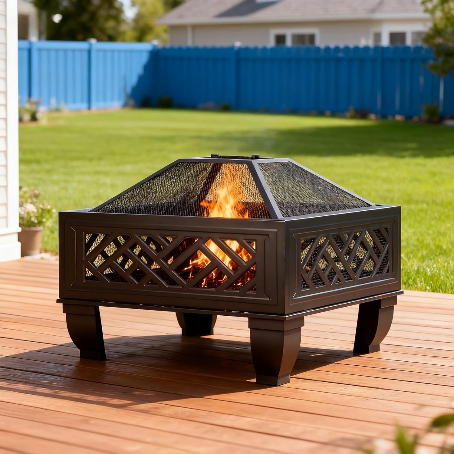 Breezz Update Version 26 Inch Wood Burning Fire Pit with Cooking Grill and Spark Screen, Outdoor Metal Firepit for Patio, Backyard, Bonfire Party, Camping and Garden-VerdiqueGarden