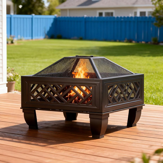 Breezz Update Version 26 Inch Wood Burning Fire Pit with Cooking Grill and Spark Screen, Outdoor Metal Firepit for Patio, Backyard, Bonfire Party, Camping and Garden-VerdiqueGarden