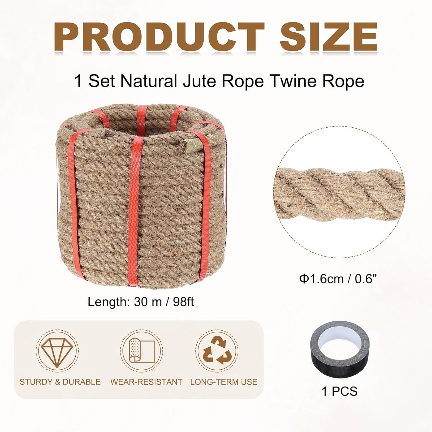 MECCANIXITY Jute Rope 0.6 Inch x 98ft, Thick Twine Rope Ropes Braided Jute Twine Natural Brown Burlap Cord String Heavy Twisted with Tape for Decorative Crafts Railing Swing Tug of War-VerdiqueGarden