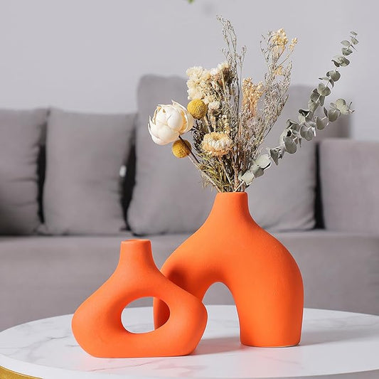 CEMABT Orange Ceramic Vase Set of 2 for Modern Minimalist Bohemian Decor，Round Matte Donut Vases for Pampas Grass-Perfect for Living Room, Dining Table, Office Bedroom Shelf Decor Entryway, Console-VerdiqueGarden