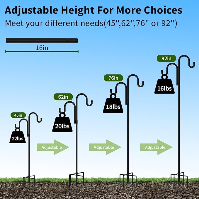 Double Shepherds Hooks for Outdoor, Bird Feeder Pole with 5 Prongs Base, Heavy Duty Garden Hook for Lantern, Wind Chime and Hummingbird Feeder, 45 Inch, 2 Pack-VerdiqueGarden