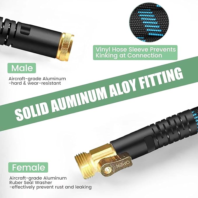 100Ft Non-Expandable Garden Hose, Flexible Water Hose with 10-Pattern Spray Nozzle, Lightweight Hose Pipe, Kink-Free, Leak-Proof, 3/4" Solid Metal Fittings-VerdiqueGarden