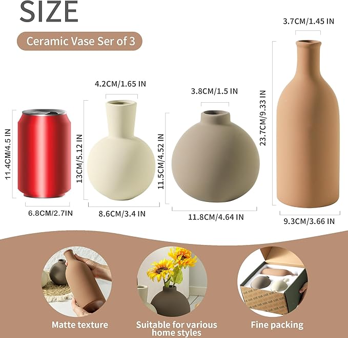 Vase Set of 3 | Ceramic Neutral Vases Home Decor | Rustic Flower Pottery Vases Modern Farmhouse Vase for Table Entryway Mantel Centerpiece Bookshelf Living Room Bathroom Bedroom -Brown Large-VerdiqueGarden
