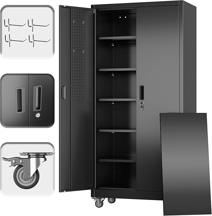 71" H×34" W×18" D Metal Garage Storage Cabinet with Wheels & Pegboard, Lockable Metal Storage Cabinets with 2 Doors&5 Adjustable Shelves for Garage&Home,Assembly Required,Black-VerdiqueGarden