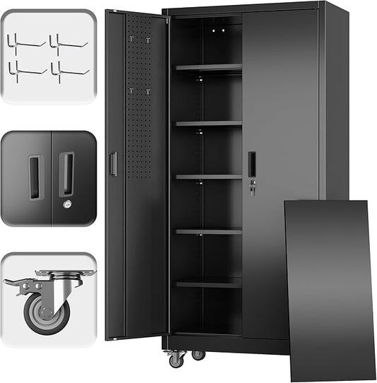 71" H×34" W×18" D Metal Garage Storage Cabinet with Wheels & Pegboard, Lockable Metal Storage Cabinets with 2 Doors&5 Adjustable Shelves for Garage&Home,Assembly Required,Black-VerdiqueGarden