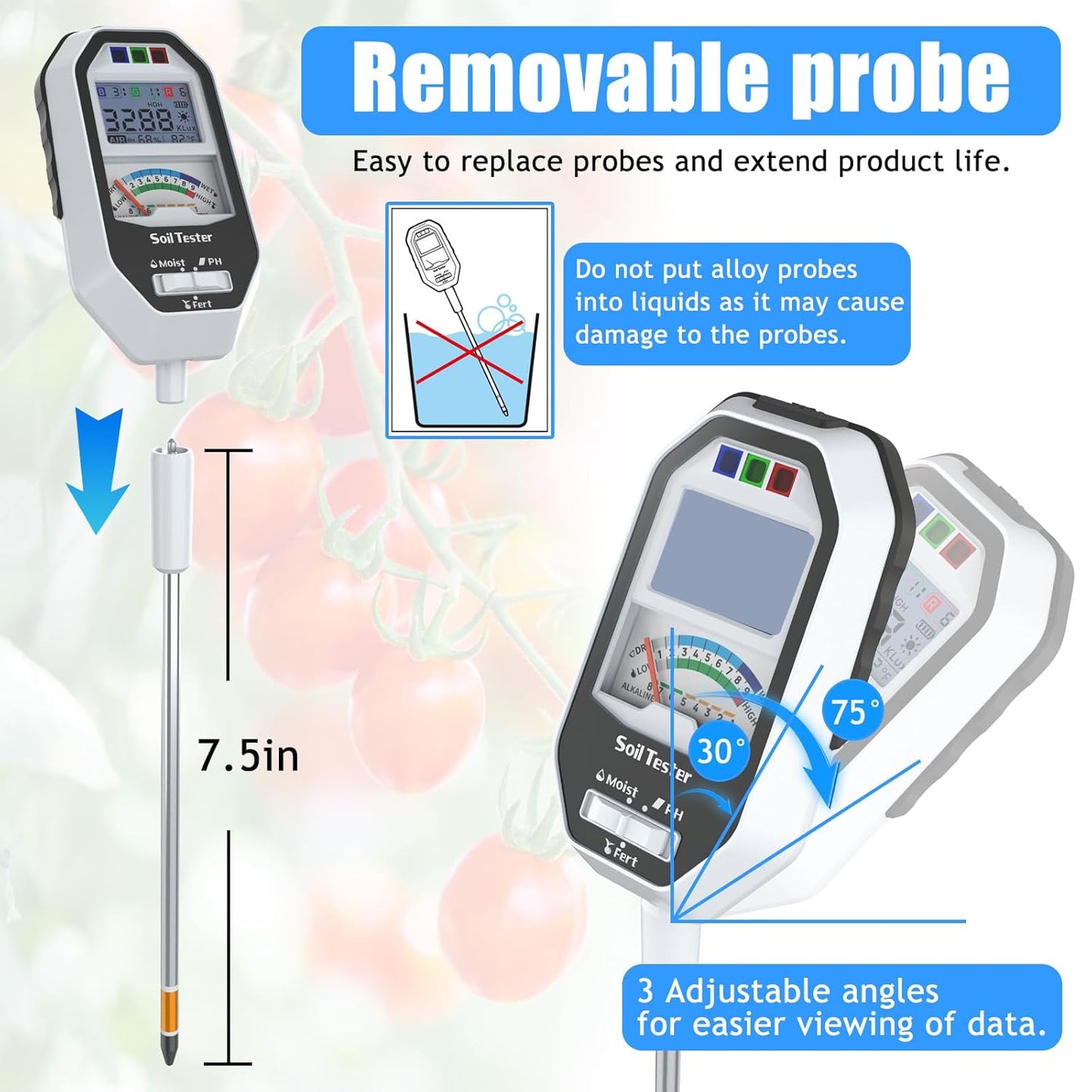 Soil Moisture Meter, 7-in-1 Soil PH Tester/Soil Moisture/Fertility with Removable Probe, Digital Air Temp/Humidity/Sunlight Intensity/BGR Spectral for Plants Gardening, Lawn and Indoor Outdoor Plants-VerdiqueGarden