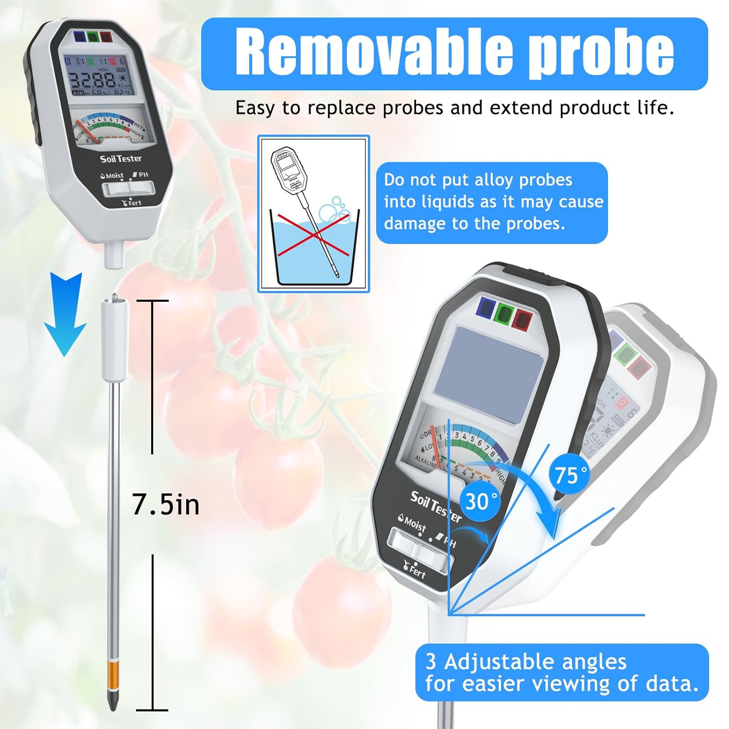 Soil Moisture Meter, 7-in-1 Soil PH Tester/Soil Moisture/Fertility with Removable Probe, Digital Air Temp/Humidity/Sunlight Intensity/BGR Spectral for Plants Gardening, Lawn and Indoor Outdoor Plants-VerdiqueGarden