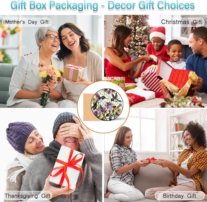 Hummingbird Suncatcher Stained Glass Window Hanging - Bird and Flowers Suncatchers for Windows - Sun Catchers Indoor Window Wall Art Home Decor Panel - Hummingbird Gifts for Women Men Mom Bird Lovers-VerdiqueGarden