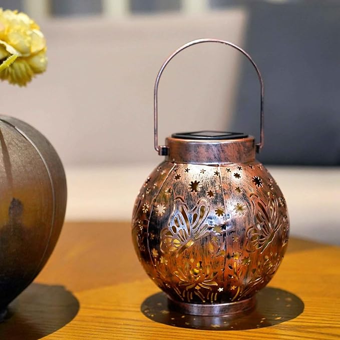 2 Pack Outdoor Solar Hanging Lantern Lights Metal LED Decorative Lamp for Garden Patio Porch Lawn and Table.Unique Gifts for Women Gardening. (Bronze Butterfly)-VerdiqueGarden