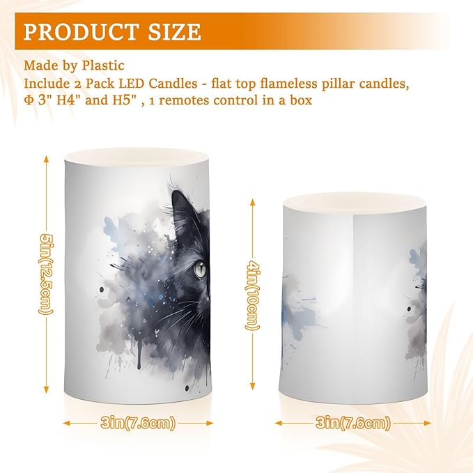 Flickering Flameless Candles, Black Cat Print LED Candles with Remote Timer, Set of 2 Battery Operated Candle for Valentine Wedding Birthday-VerdiqueGarden