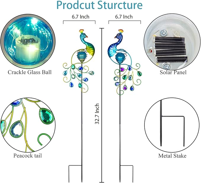 Viveta Garden Solar Lights Decorative, 2 Pack Metal Peacock Solar Lights Stake for Outdoor Garden Patio Yard Lawn Decorations-VerdiqueGarden