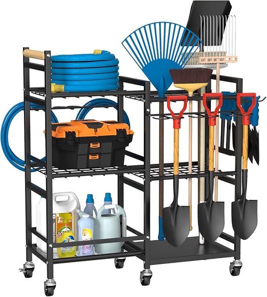 NADAMOO Garden Tool Organizer with Rolling Wheel, 3-tier Metal Shelf Yard Tool Holder, Utility Stand Rack for Garage Organization and Storage, Hold Long-Handled Rakes, Shovel, Broom-VerdiqueGarden