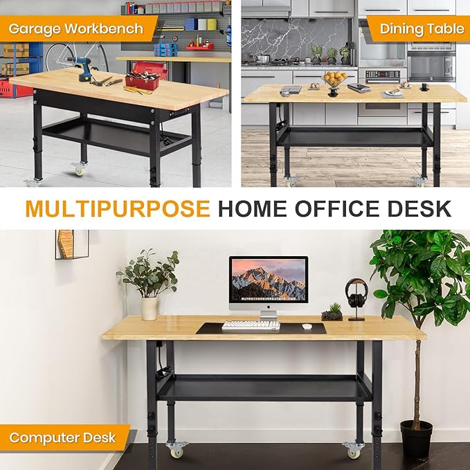 48"/60'' Adjustable Workbench, Rubber Wood Top Work Bench Heavy-Duty Work Table with Power Outlet, Wheels, Partition 2000 LBS Load Capacity Hardwood Work Benches for Garage, Workshop, Home, Office-VerdiqueGarden