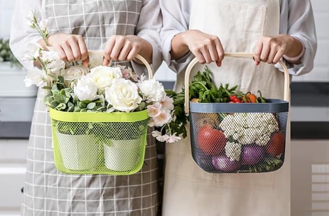 Metal Mesh Steel Basket, Storage Organizer Basket Multi-functional Hanging Kitchen Baskets Fruit Basket with Wooden Handle for Kitchen Bathroom Picnic Shopping Decor Cabinet Home, Grey-VerdiqueGarden
