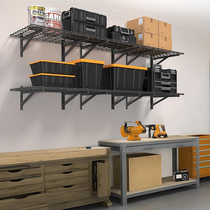 4 Pack Heavy Duty Garage Wall Shelving Set (2x3ft), Wall Mounted Garage Shelves 1000lbs Capacity, 24"x72" Shelf Storage Rack Floating Shelves, Black-VerdiqueGarden