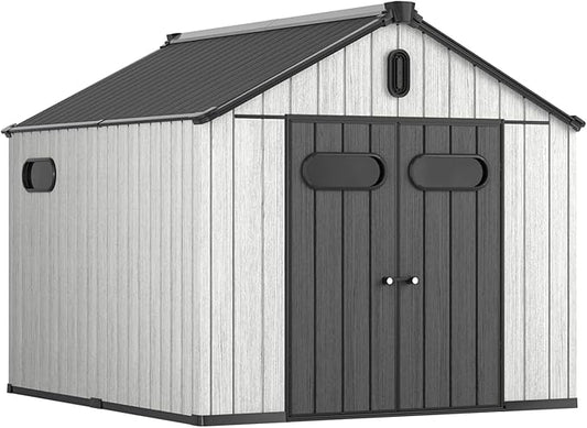 Aoxun 10X8FT Outdoor Shed with Floor, Resin Storage Shed with Lockable Door, Garden Utility Tool Shed Storage House for Backyard, Patio, Lawn-VerdiqueGarden