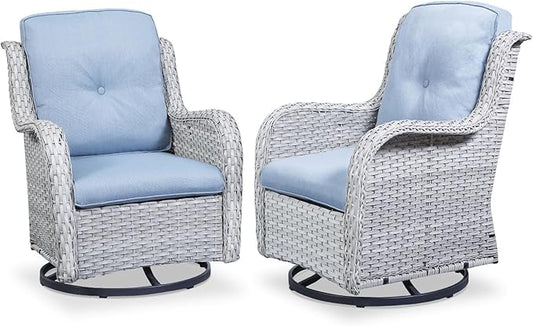 Outdoor Patio Swivel Rocker Chairs - Wicker Rattan Patio Swivel Rocking Chairs Set of 2 with High Back,Deep Seating and Comfort Cushions for Deck Porch Garden,Light Grey/SkyBlue-VerdiqueGarden