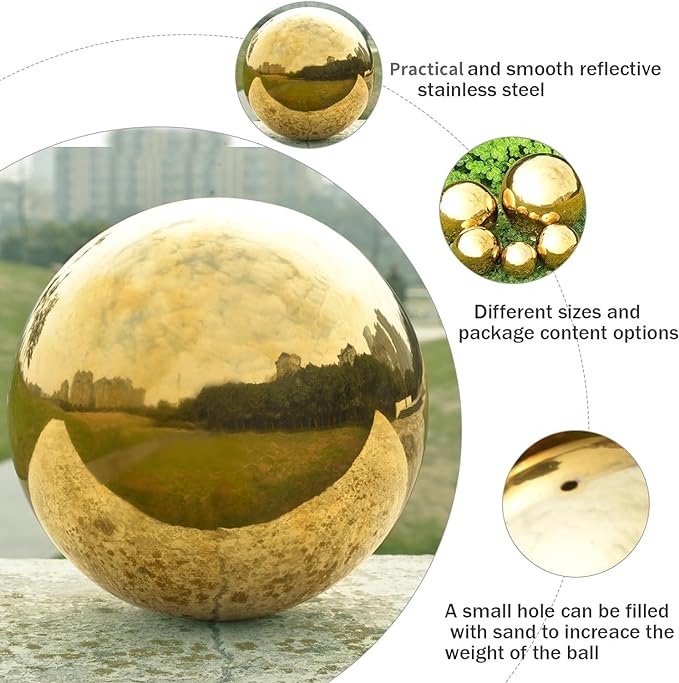 Nerien Gazing Ball, Stainless Steel Garden Mirror Globe, Polished Ornament Sphere, Hollow Floating Reflective Hemisphere, for Home Outdoor Pond Housewarming Swimming Pool Decoration, Gold, 5Pcs Mix-VerdiqueGarden
