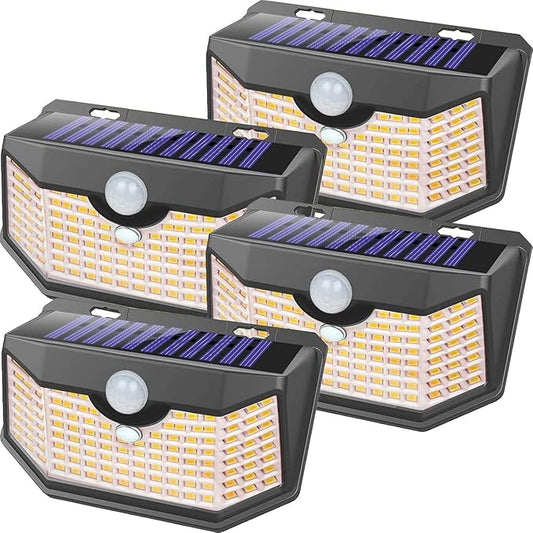 HMCITY 120 LED Outdoor Solar Lights- with Motion Sensor and 3 Lighting Modes, IP65 Waterproof Wide Solar Wall Lights Ideal for Garden Patio Yard (Front Button 4Packs, Warm White)-VerdiqueGarden