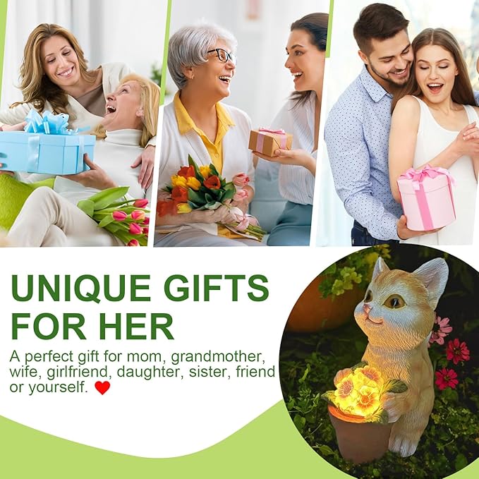 YODY Solar Garden Statues Outdoor Decor- Yard Decorations for Patio, Balcony, Backyard, Lawn Ornaments - Cat Statue with Flower Pot- Unique Cat Lover Gifts for Mom, Grandma, Women-VerdiqueGarden