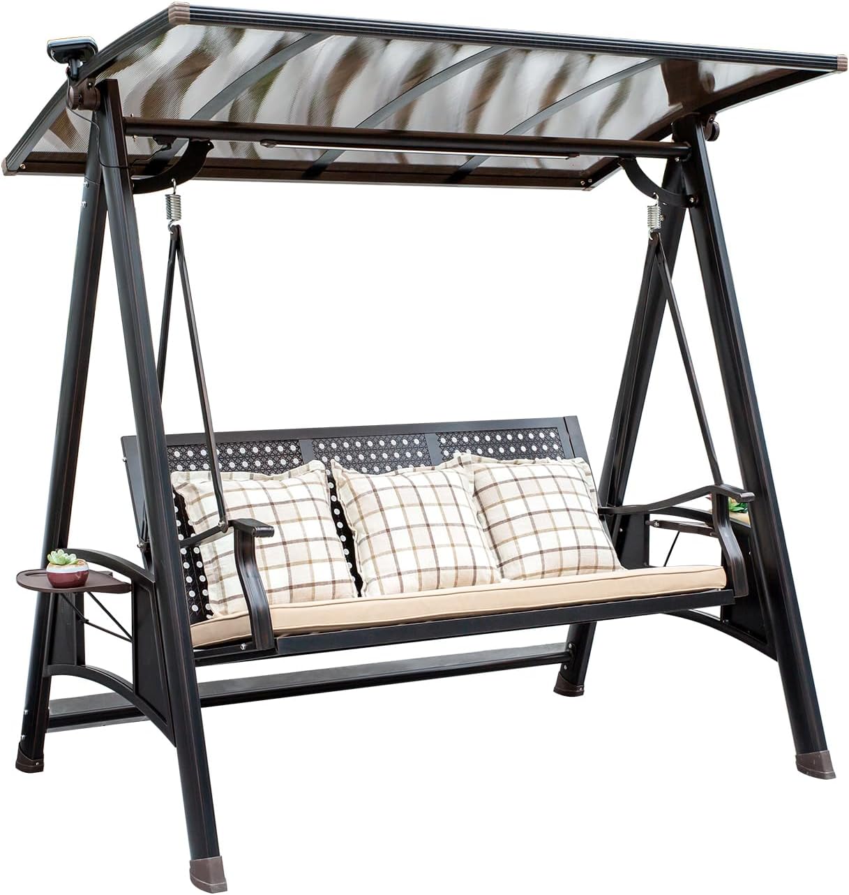 2/3-Seat Outdoor Patio Porch Swing with Adjustable Aluminum Alloy Canopy Solar Patio Swing Chair Bench with Footrest Side Cup Holder for Backyard Lawn (A-Aluminum Mesh Red Copper-3 Seat)-VerdiqueGarden