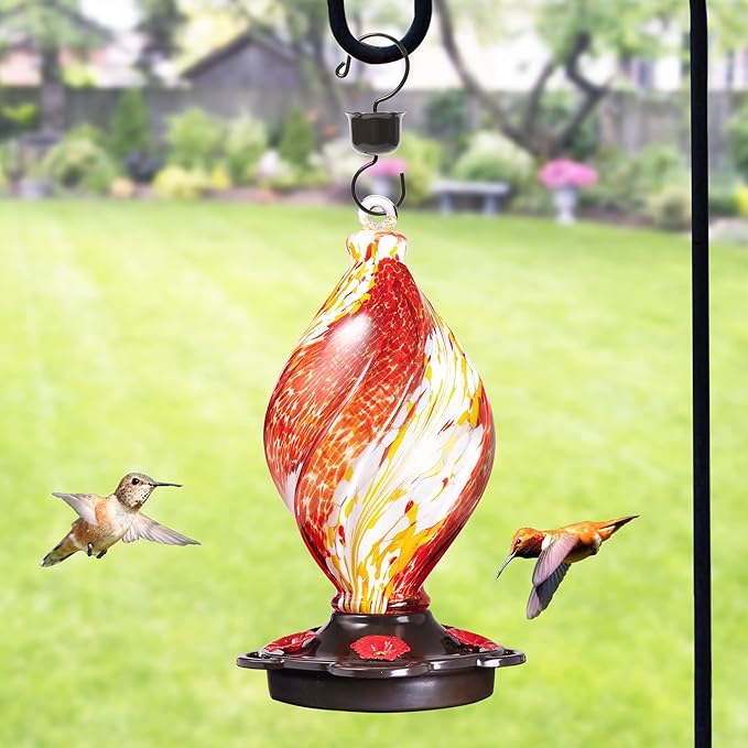 LUJII Ice Cream Shaped Spiral Hummingbird Feeder, Hand Blown Glass, 28 fl.oz, Leak Proof & Rustproof, Includes an Ant Moat for Outdoors Hanging, Unique & Stylish Garden, Outside & Backyard Decor (Red)-VerdiqueGarden