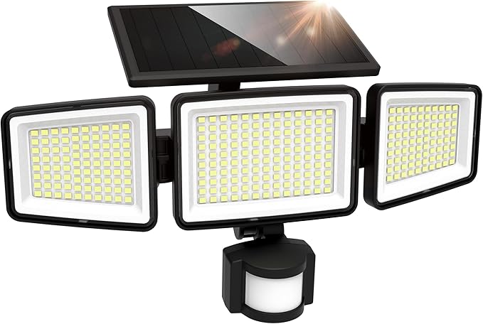 UME Solar Outdoor Lights 302 LED 3000LM, IP65 Waterproof Motion Sensor Outdoor Lights, 3 Heads Solar Security Flood Lights 270 Wide Lighting Angle with 3 Modes for Garden Patio Yard-VerdiqueGarden
