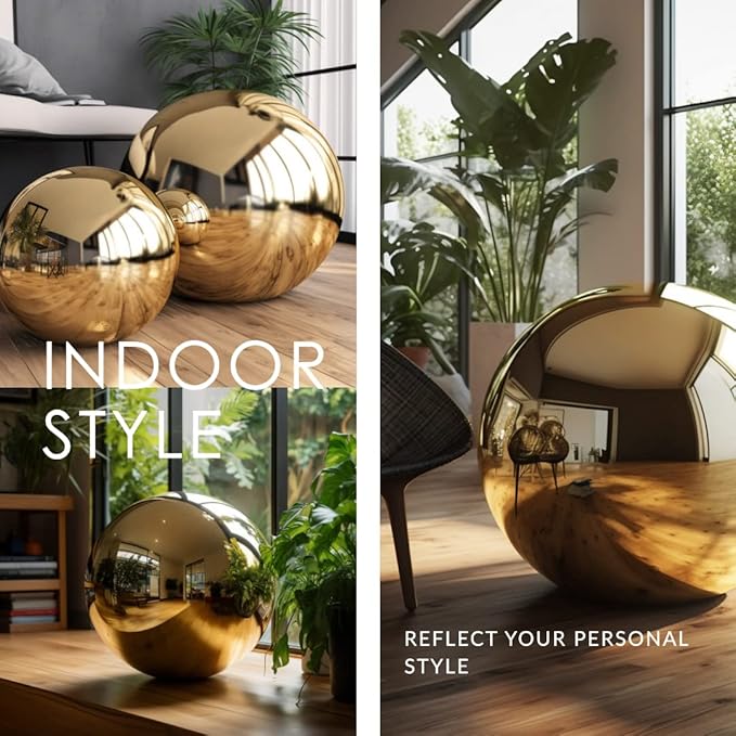 12 Inch Stainless Steel Gazing Globe,v2croft Hollow Ball Mirrored Surface Polished Shiny Sphere,Garden Stainless Steel Gazing Ball for Outdoor Lawn Pond Yard Ornament(Gold)-VerdiqueGarden