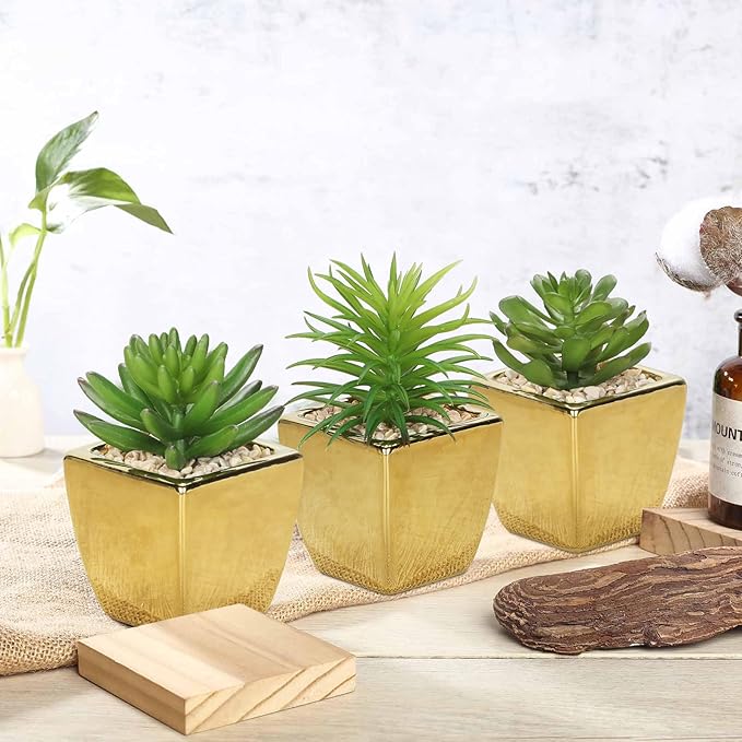 Hollyone Small Succulents Artificial 3 Pcs Faux Succulents with Gold Pots Mini Fake Succulent Plants Indoor Plant Ceramic Pots for Modern Office Desk Bathroom Shelf Living Room Home Decor-VerdiqueGarden