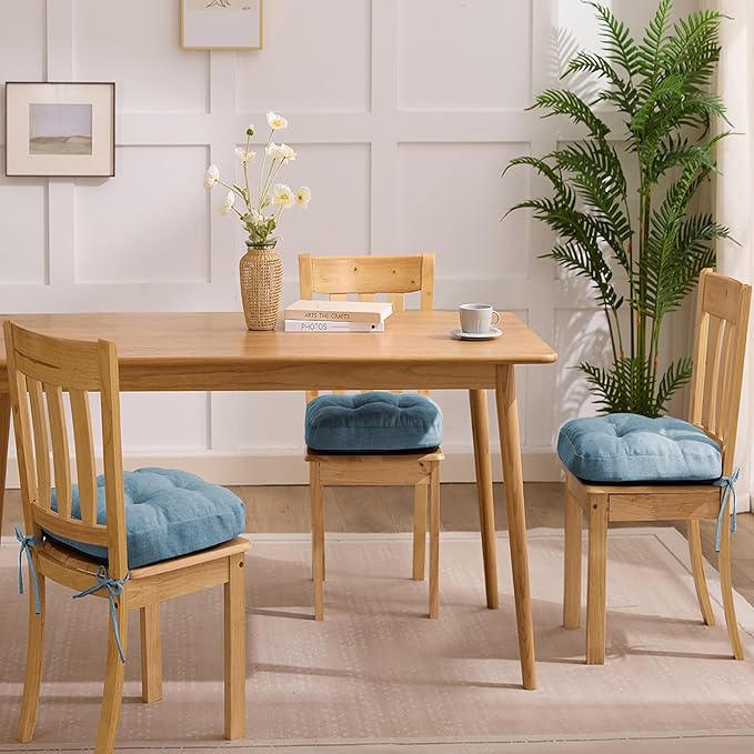 Chair Cushions for Dining Chairs, Dining Chair Cushions, Tufted Indoor Chair Pads with Ties & Non Slip Backing, Seat Cushions for Kitchen Chairs 16.5” x 16.5” x 3.5”, Set of 4, Light Blue-VerdiqueGarden