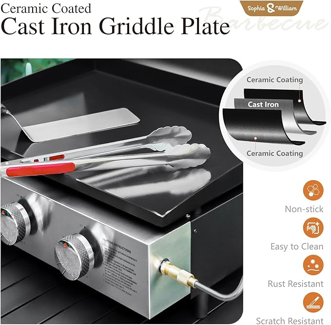 Sophia & William 22" Flat Top Grill with Lid & Ceramic Coated Cast Iron Pan, 3-Burner Portable Tabletop Gas Propane Griddle for Outdoor, BBQ, Camping & Tailgating Barbecue, 24,000 BTU-VerdiqueGarden