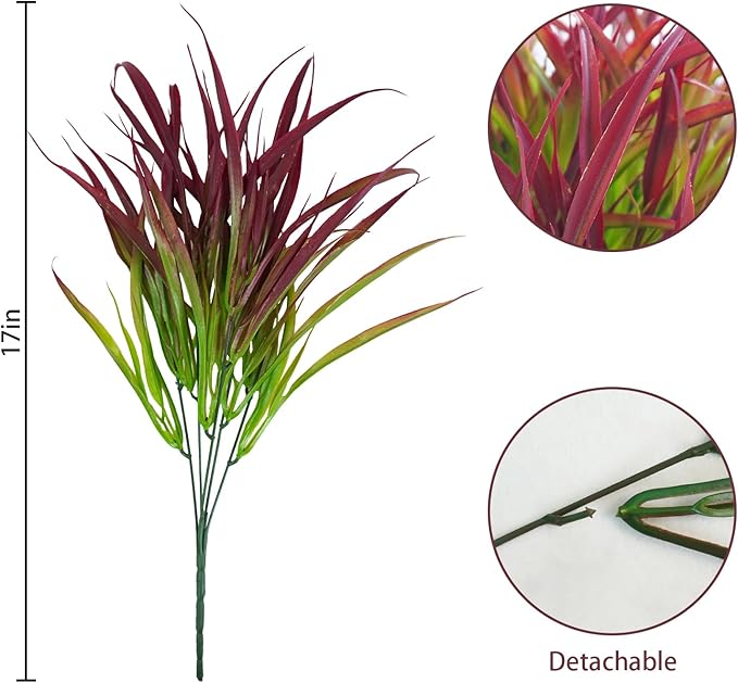 Uieke 6 Bundles Artificial Outdoor Plants UV Resistant Fake Grass Plants Faux Plastic Plants Greenery Shrubs for Home Garden Pathway Window Box Front Porch Summer Fall Decor, Deep Red-VerdiqueGarden
