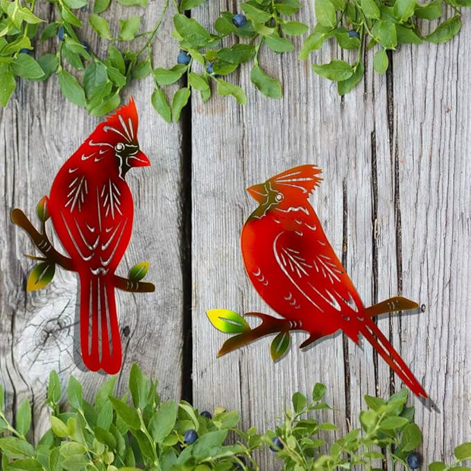 4 Pack Metal Cardinal Wall Art Decor Metal Birds 3D Outdoor Sculpture, Ornaments Hand-Made Nimble red Bird, Gifts for Mom,Birthday Gifts for Grandma Wife-VerdiqueGarden