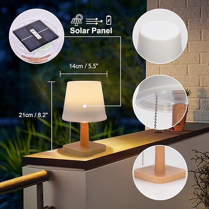 pearlstar Solar Table Lamp Outdoor - 2 Pack LED Waterproof Cordless Solar Desk Lamp with Pull Chain 2 Lighting Modes, Auto ON/Off for Outside Patio Coffee Table Garden Bedroom Living Room(White)-VerdiqueGarden