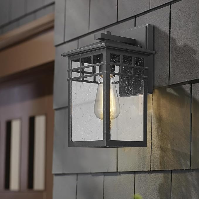Outdoor Light Fixture Wall Mount, Modern Exterior Lights Fixture Wall Sconces with Seeded Glass for Front Porch, Farmhouse Rustic Waterproof Lantern Lamp in Black Finish for Home, Barn, Garage-VerdiqueGarden